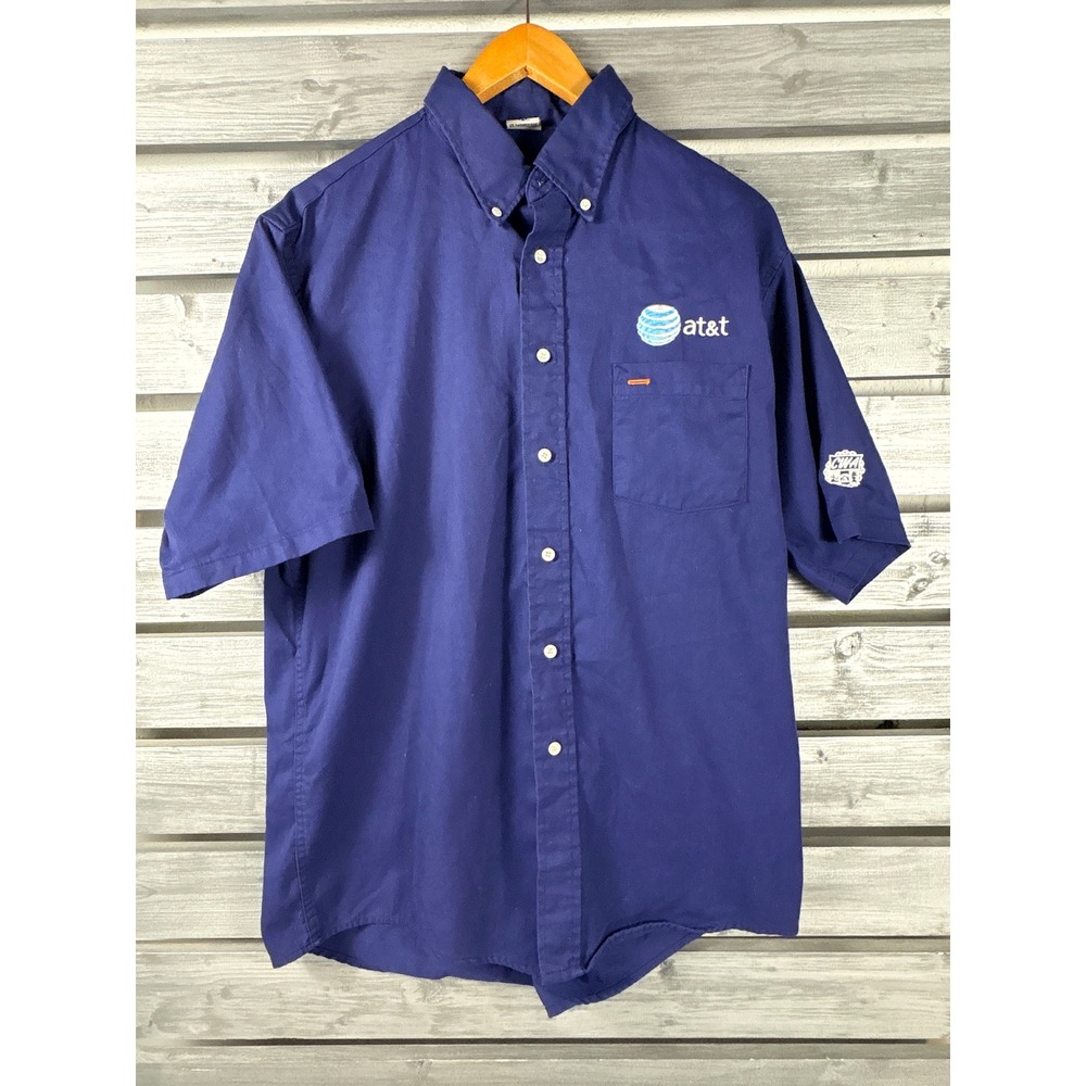 AT&T Mens Uniform Work Shirt Navy Blue Short Sleeve CWA Union Patch L